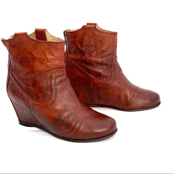Frye Shoes - Frye 8 Carson Wedge Genuine Leather Bootie Cognac